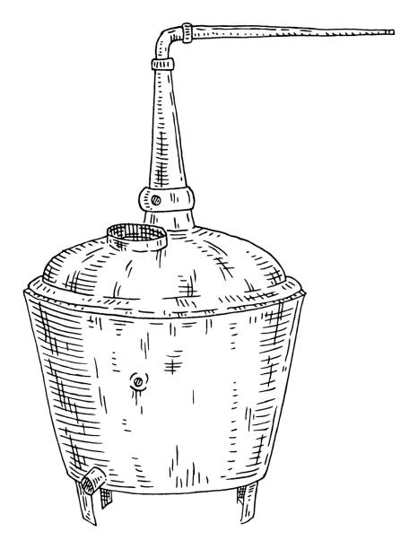 ilustraciones, imágenes clip art, dibujos animados e iconos de stock de tanques de cobre de whisky para la fábrica de la cervecería de la destilería. grabado vintage - alambique