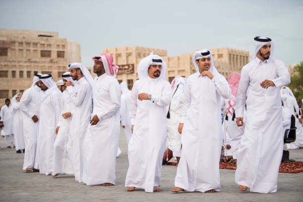 Doha,Qatar,03/05/2019 : The performance of traditional Qatari music and dance is performed by local people in Souk Wakif