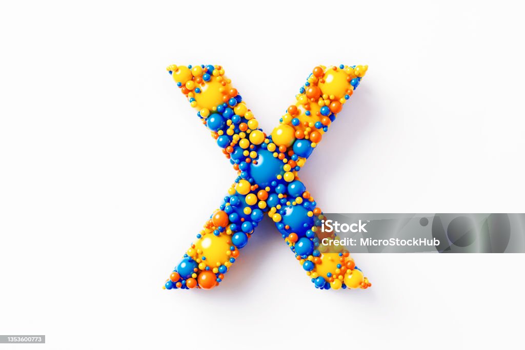 Colorful Capital Letter X Sitting On White Background Colorful capital letter X made of many spheres sitting on white background. Horizontal composition with clipping path and copy space. Directly above. Letter X Stock Photo
