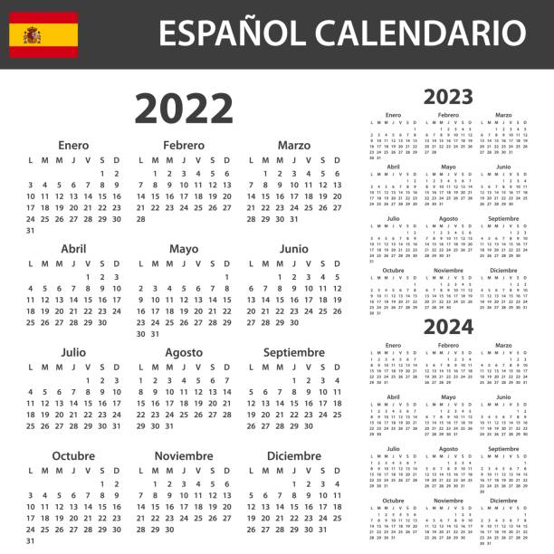 2022-2024년 스페인어 캘린더. 스케줄러, 의제 또는 일기 템플릿. 매주 월요일에 시작됩니다. - calendar june time month stock illustrations
