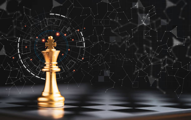 istock Golden king chess standing alone on chess board and dark background with connection line for strategy idea and futuristic concept. 1353601774