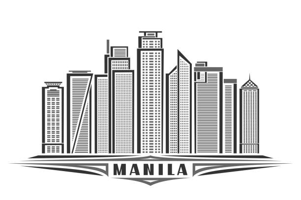 Vector illustration of Manila Vector illustration of Manila, monochrome horizontal poster with linear design famous manila city scape, urban line art concept with unique decorative letters for black word manila on white background taguig stock illustrations