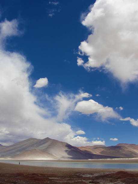 Desert landscape showing mountains and lake, with attention directed to a deep blue sky with white, fluffy clouds. One person stands alone, near the lake, looking very small in contrast with the greatness of nature. Part of the mountain is shadowed by a cloud. Piedras Rojas, Atacama Desert, Chile. January, 2015.