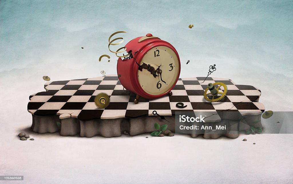 Podium with broken old clock Podium with red broken old clock,  symbol of time, photo wallpapers  Computer Graphics. Breaking stock illustration