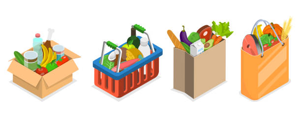 3d isometrischer flacher vektor konzeptionelle illustration von lebensmittelbündeln set - food bread groceries basket stock-grafiken, -clipart, -cartoons und -symbole