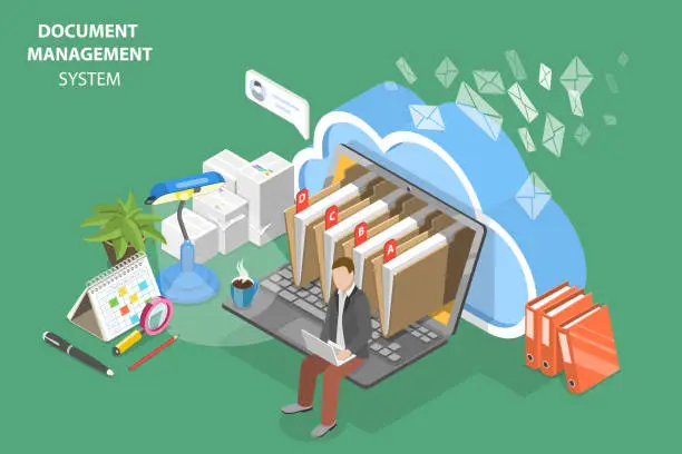 Vector illustration of 3D Isometric Flat Vector Conceptual Illustration of Document Management System