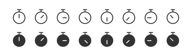 illustrations, cliparts, dessins animés et icônes de jeu d’icônes d’horloge de chronomètre. symbole de l’horloge de date limite. illustration de mesure minute et seconde en vecteur plat - minute hand number 15 clock time