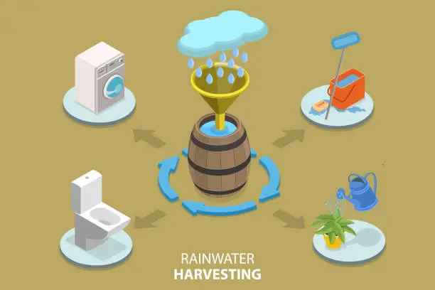 Vector illustration of 3D Isometric Flat Vector Conceptual Illustration of Rainwater Harvesting