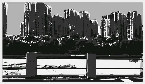 Vector illustration of Vector Monochrome Woodblock Art vintage modern city river landscape scene pattern illustration backgrounds