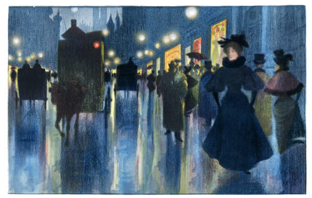 menschen, die in münchen unter erster künstlicher beleuchtung imstil spazieren gehen 1897 - regen bayern stock-grafiken, -clipart, -cartoons und -symbole