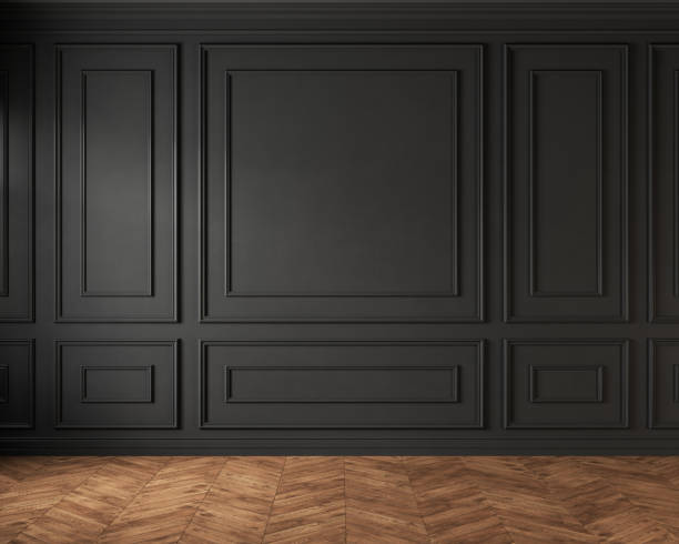 istock Classic loft interior with black wall panel and moldings. 3d render illustration mockup. 1353609321