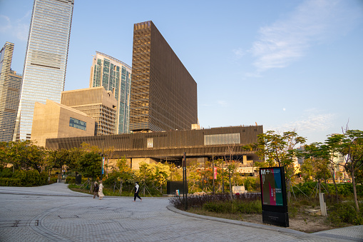 Hong Kong - November 16, 2021 : General view of the M+ Museum at West Kowloon Cultural District, Hong Kong. M+ is the new museum of visual culture in Hong Kong, as part of West Kowloon Cultural District, focusing on 20th and 21st century art, design and architecture and moving image.