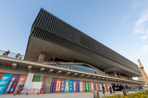 Hong Kong - November 16, 2021 : General view of the M+ Museum at West Kowloon Cultural District, Hong Kong. M+ is the new museum of visual culture in Hong Kong, as part of West Kowloon Cultural District, focusing on 20th and 21st century art, design and architecture and moving image.