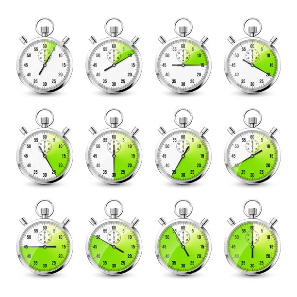istock Realistic classic stopwatch icons. Shiny metal chronometer, time counter with dial. Green countdown timer showing minutes and seconds. Time measurement for sport, start and finish. Vector illustration 1353610525
