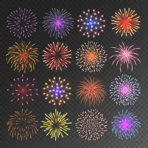 Vector illustration of Colorful festive fireworks collection. Realistic firework, sparkling fire burst. Bursting firecracker rockets. Christmas or New Year celebrating. Vector illustration