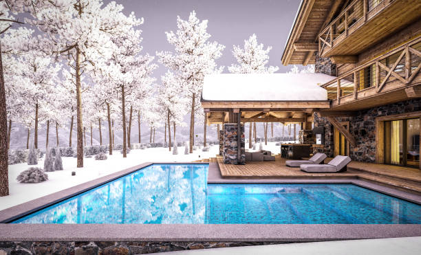 istock 3d rendering of modern cozy chalet in winter evening 1353611808