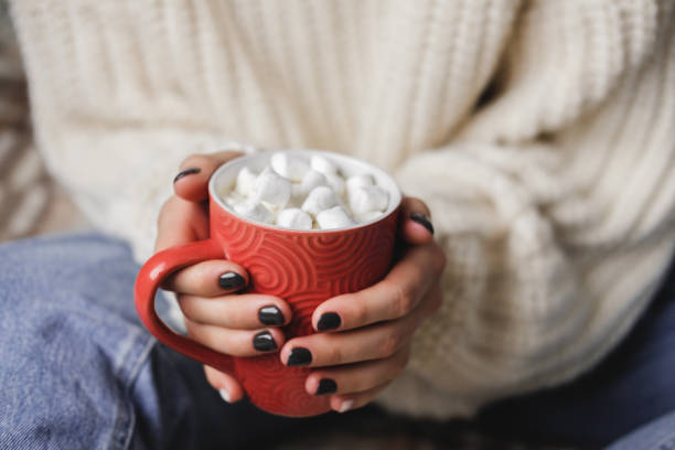 Young woman sits on plaid in cozy knitted woolen white sweater and holds cup of cocoa with marshmallows in her hands. Hygge New Year, cozy Christmas, preparation for holidays. stock photo