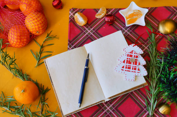 istock Notebook with Pen on christmas background. Time to write letters. Plant Dreams for next year. 1353612202