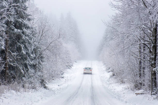 istock Car driving on a slippery road in a winter forest 1353613145
