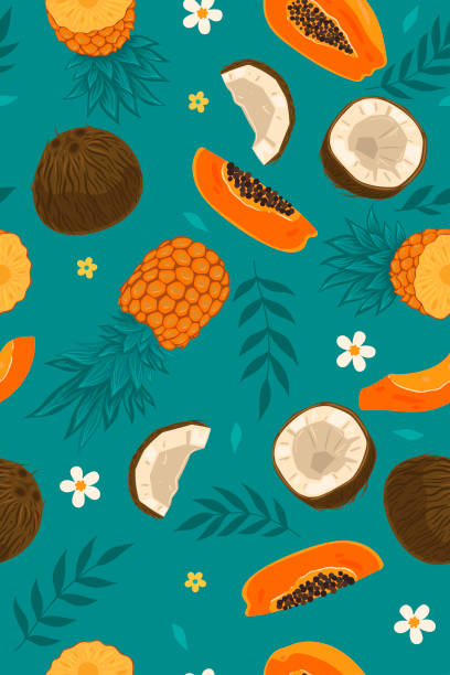 ilustraciones, imágenes clip art, dibujos animados e iconos de stock de patrón sin costuras con frutas exóticas, flores, hojas. gráficos vectoriales. - frutas tropicales