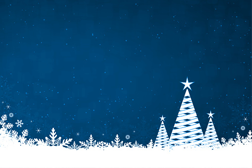 Horizontal vector illustration of Xmas vector wallpaper in dark blue and white color. There are three coniferous christmas trees with shimmering sparkling backdrop. Can be used as Xmas , New Year festive backdrops, wallpapers, poster and banners template, gift wrapping paper sheet, banners, templates or greeting cards. There is no text, no people and ample copy space.