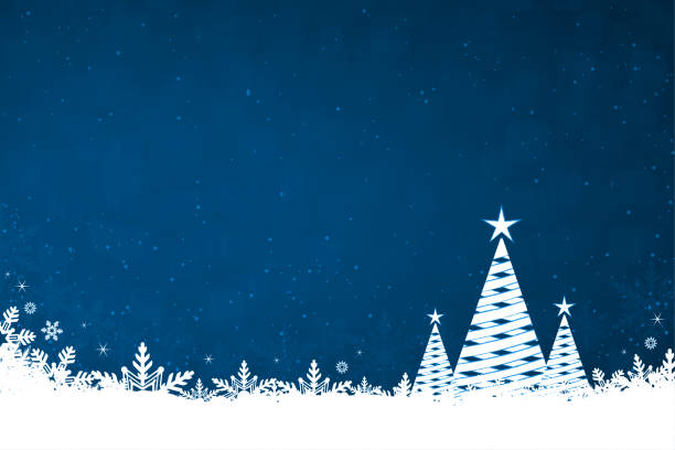 Glittery Christmas vector horizontal midnight dark navy blue backgrounds with three white coloured crisscross pattern triangle shape tree with star at top and snowflakes and shiny dots at the bottom Horizontal vector illustration of Xmas vector wallpaper in dark blue and white color. There are three coniferous christmas trees with shimmering sparkling backdrop. Can be used as Xmas , New Year festive backdrops, wallpapers, poster and banners template, gift wrapping paper sheet, banners, templates or greeting cards. There is no text, no people and ample copy space. blank christmas card stock illustrations