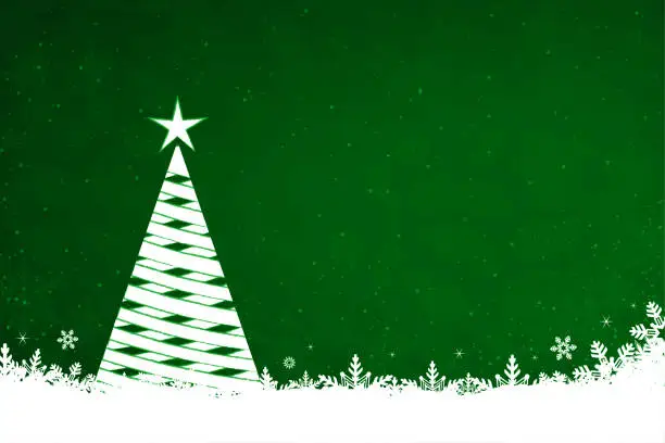 Vector illustration of Glittery Christmas vector horizontal glowing green backgrounds with a white coloured helix or wicker like triangle shape tree with star at top and snowflakes and shiny dots at the bottom of bright vibrant sparkling backdrop