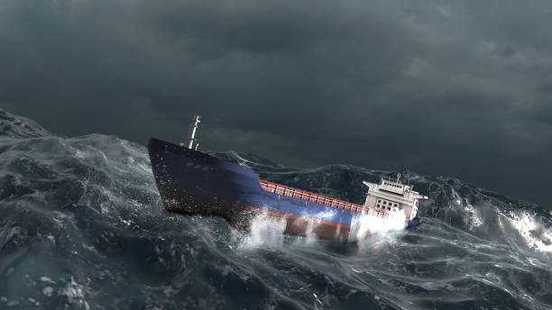 istock Empty Cargo Ship swinging in stormy ocean,aerial 1353614252