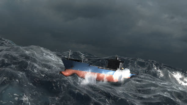 istock Empty Cargo Ship swinging in stormy ocean,aerial 1353614265