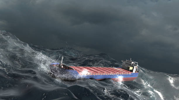 istock Empty Cargo Ship swinging in stormy ocean,aerial 1353614271