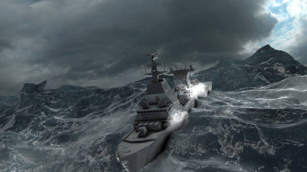 istock Navy ship vessel in stormy ocean, aerial 1353614274