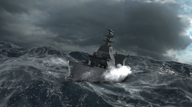 istock Navy ship vessel in stormy ocean, aerial 1353614283