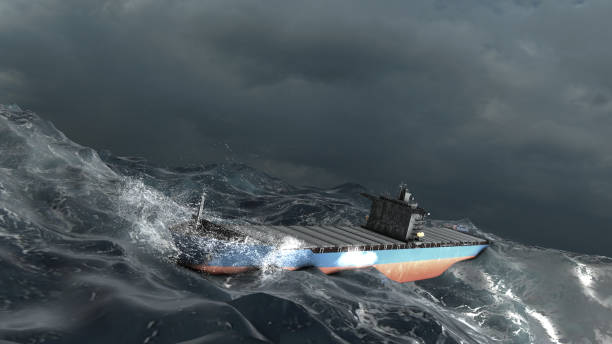 istock Empty Cargo Ship swinging in stormy ocean,aerial 1353614286