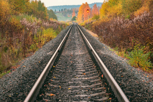 Long railway line at autumn day time.