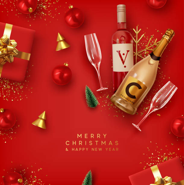 frohe weihnachten und einen guten rutsch ins neue jahr. rote weihnachten hintergrunddesign realistische flasche champagner und wein, festliche dekorationsobjekte geschenkbox, bälle, weihnachtsbaum und kiefer, goldenes konfetti. - invitation elegance dinner backgrounds stock-grafiken, -clipart, -cartoons und -symbole