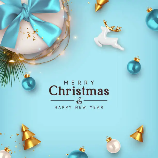 Vector illustration of Merry Christmas and Happy New Year. Background Xmas design realistic gifts box, festive decorative objects. flat lay top view. Christmas poster, holiday banner, flyer, stylish brochure, greeting card
