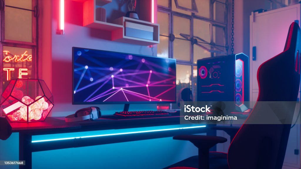 Cyberpunk Gamer Room Interior of a gamer room lit with neon lights. Video Game Stock Photo