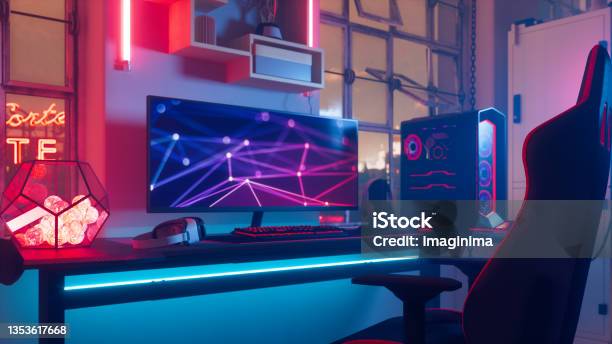 Cyberpunk Gamer Room Stock Photo - Download Image Now - Video Game, Desk, Metaverse