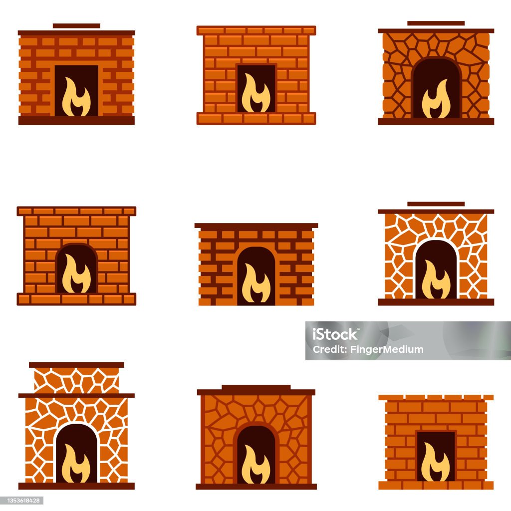 Fireplace Kitchen Vector Pattern Fireplace Vector Set Stock Illustration - Download Image Now - Brick ...