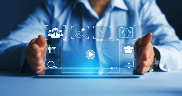 istock Person who attends online lessons on a virtual screen tablet. E-learning education, internet lessons and online webinar. Education internet Technology. 1353618603