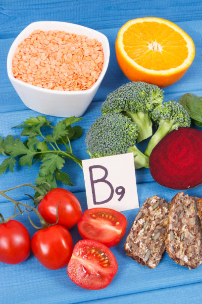 Nutritious products containing vitamin B9 and dietary fiber, healthy nutrition concept stock photo