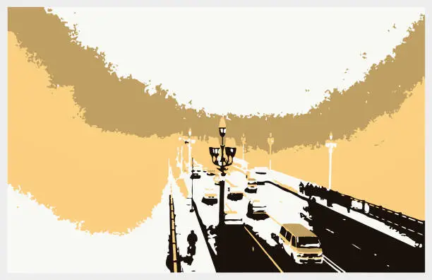 Vector illustration of Vector Woodblock Art Illustration Of The Nanjing Yangtse River Brigdge,Nanking City - JiangSu Province,China