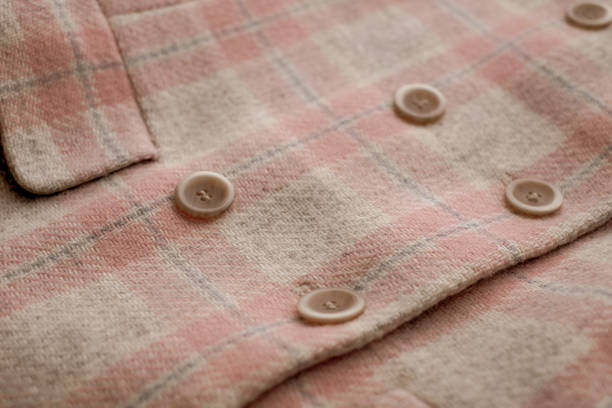 istock Buttons placed on a fabric plaid wool jacket. Vintage syle 1353619065