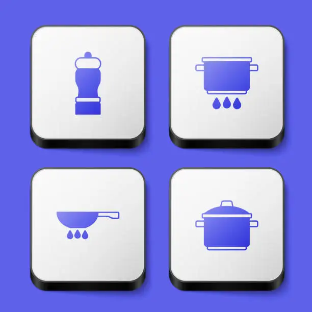 Vector illustration of Set Pepper, Cooking pot on fire, Frying pan and icon. White square button. Vector