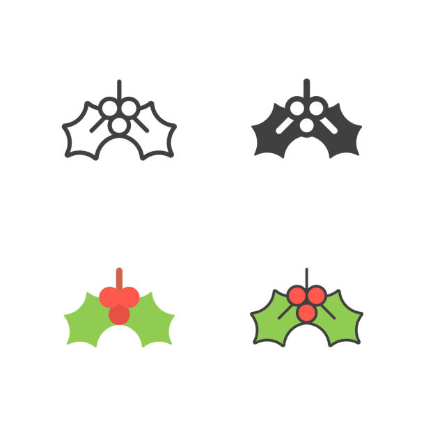 illustrazioni stock, clip art, cartoni animati e icone di tendenza di linea vischio di natale, icona vettoriale solida, piatta e colorata. tratto modificabile. pixel perfetto. per mobile e web. - mistletoe