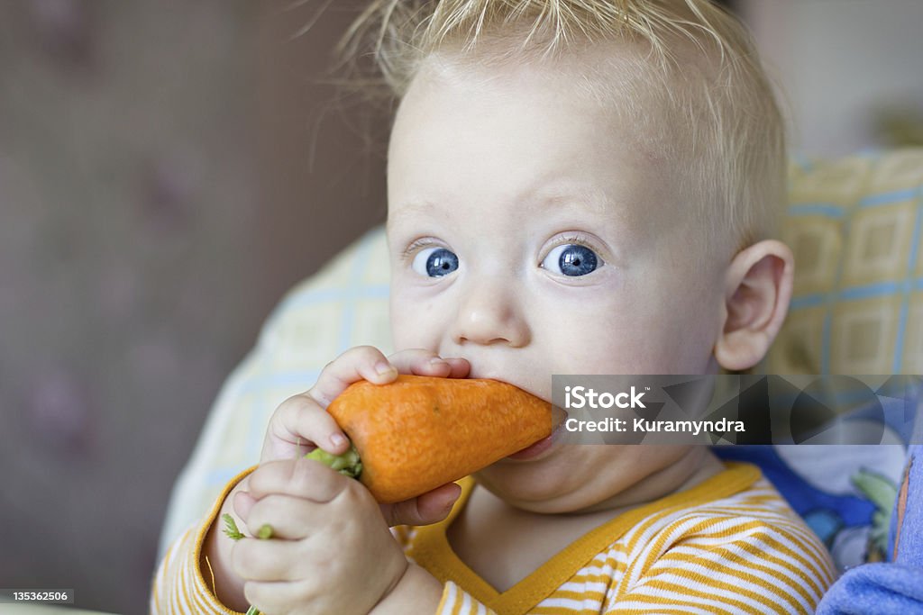 Little boy und zu großen carrot-englische Redewendung - Lizenzfrei Möhre Stock-Foto