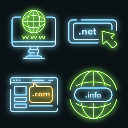 Domain icons set. Outline set of domain vector icons neon color on black