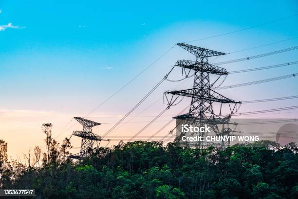 Electric High Voltage Tower With Electric Line Stock Photo - Download Image Now - Power Cable, Power Line, Close-up