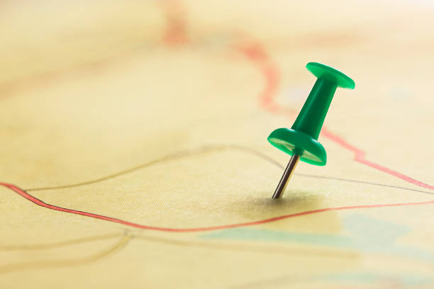 istock Location marking with pin on map. Travel and journey concept. 1353627725