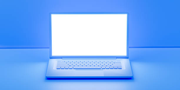 istock Laptop in Blue mockup 3D rendering in minimal style. 1353627825